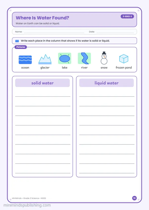 Where Is Water Found? — free printable 2nd Grade worksheet