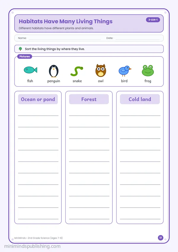 Habitats Have Many Living Things — free printable 2nd Grade worksheet