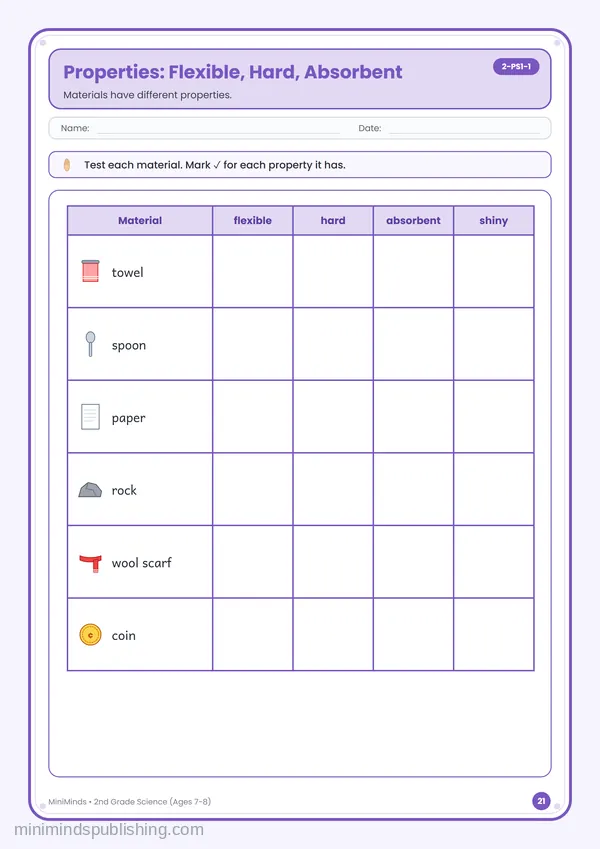 Properties: Flexible, Hard, Absorbent — free printable 2nd Grade worksheet