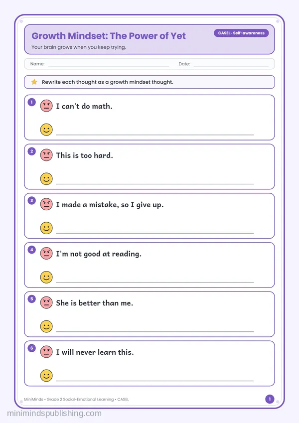 Growth Mindset: The Power of Yet — free printable 2nd Grade worksheet