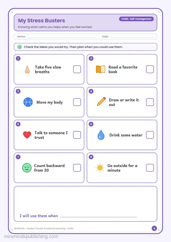 My Stress Busters — free printable 2nd Grade worksheet