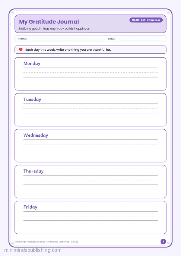 My Gratitude Journal — free printable 2nd Grade worksheet