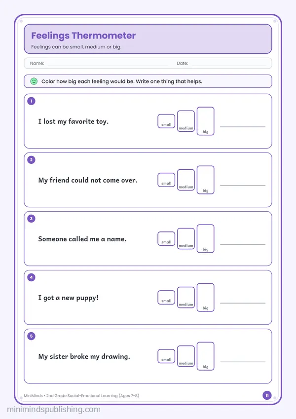 Feelings Thermometer — free printable 2nd Grade worksheet