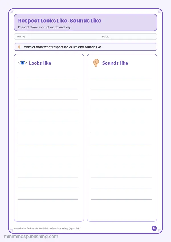 Respect Looks Like, Sounds Like — free printable 2nd Grade worksheet