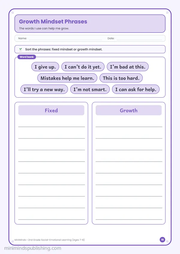 Growth Mindset Phrases — free printable 2nd Grade worksheet