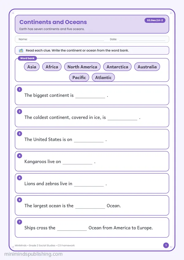 Continents and Oceans — free printable 2nd Grade worksheet