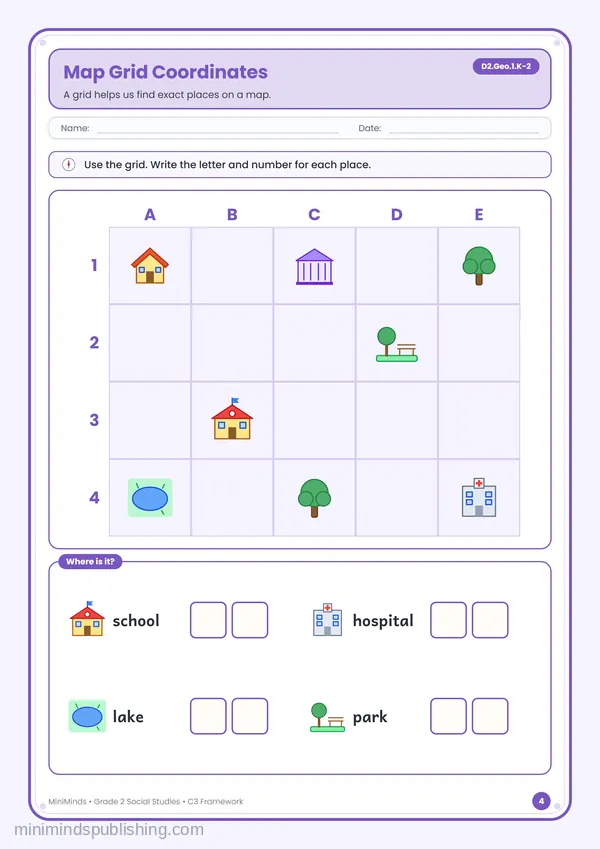 Map Grid Coordinates — free printable 2nd Grade worksheet
