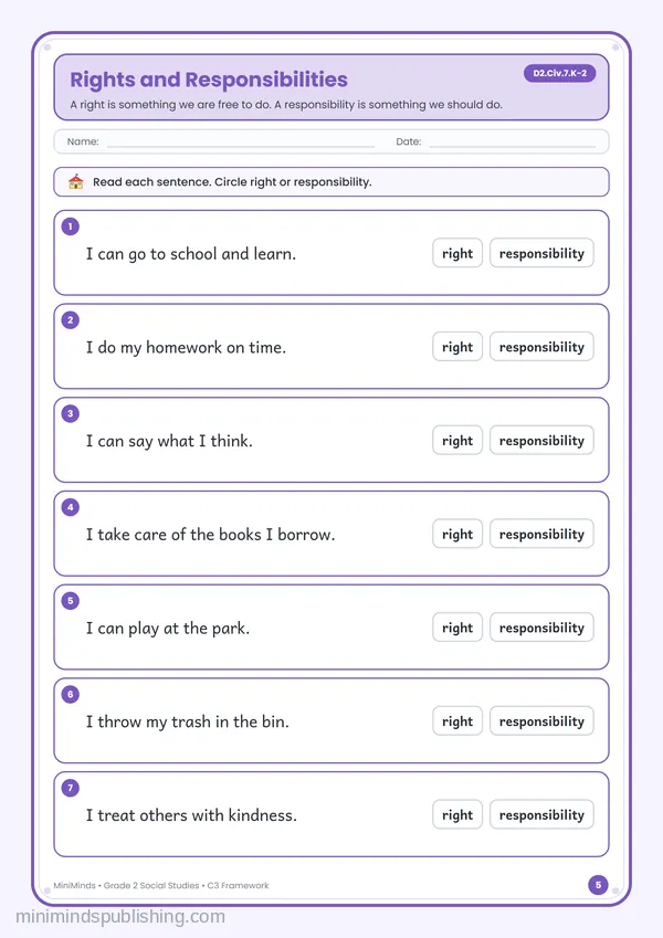Rights and Responsibilities — free printable 2nd Grade worksheet