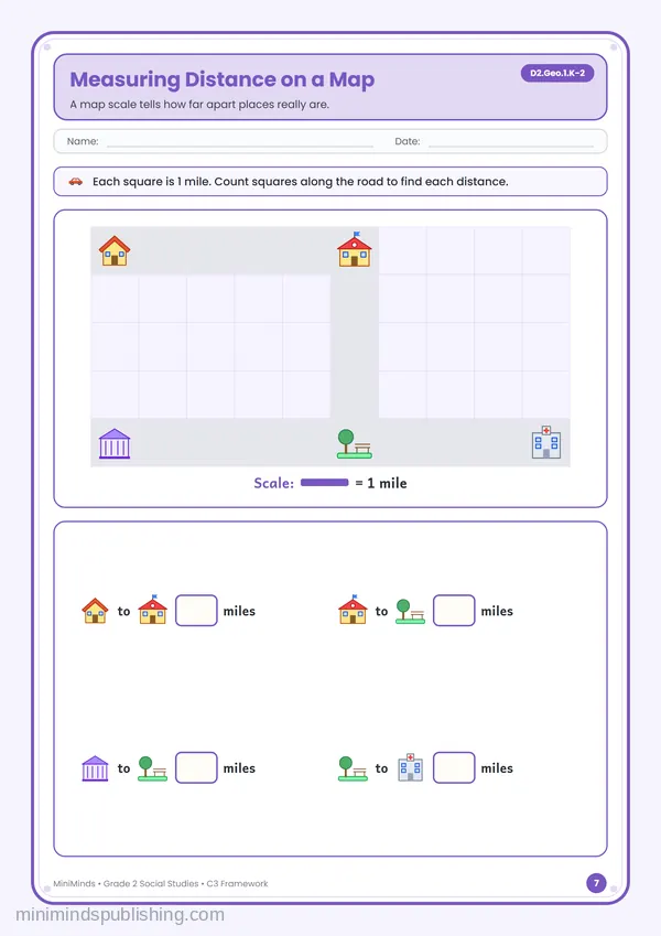 Measuring Distance on a Map — free printable 2nd Grade worksheet