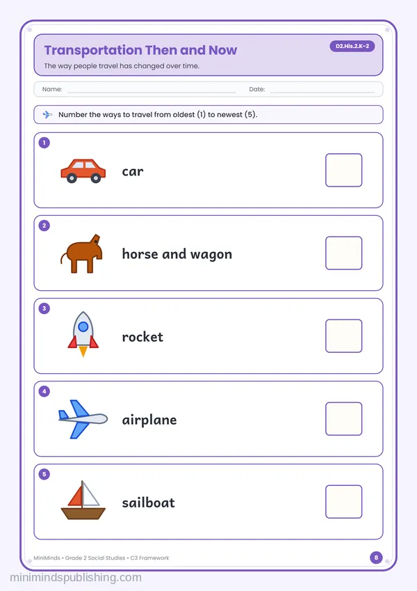 Transportation Then and Now — free printable 2nd Grade worksheet