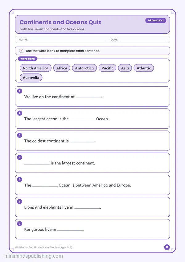 Continents and Oceans Quiz — free printable 2nd Grade worksheet