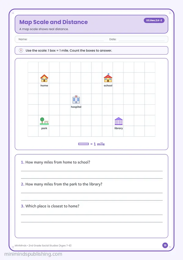 Map Scale and Distance — free printable 2nd Grade worksheet