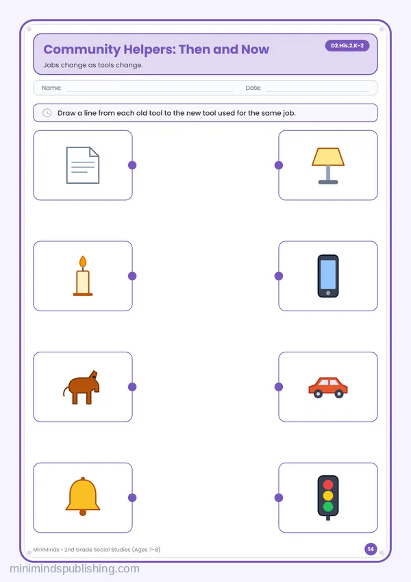 Community Helpers: Then and Now — free printable 2nd Grade worksheet