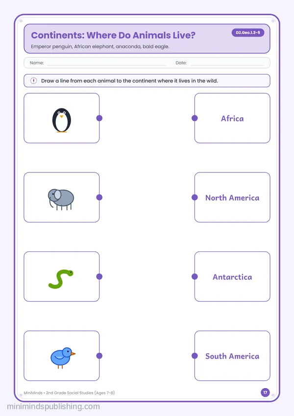 Continents: Where Do Animals Live? — free printable 2nd Grade worksheet