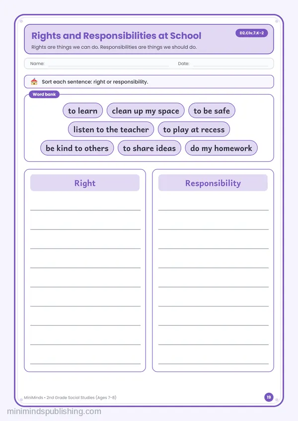 Rights and Responsibilities at School — free printable 2nd Grade worksheet