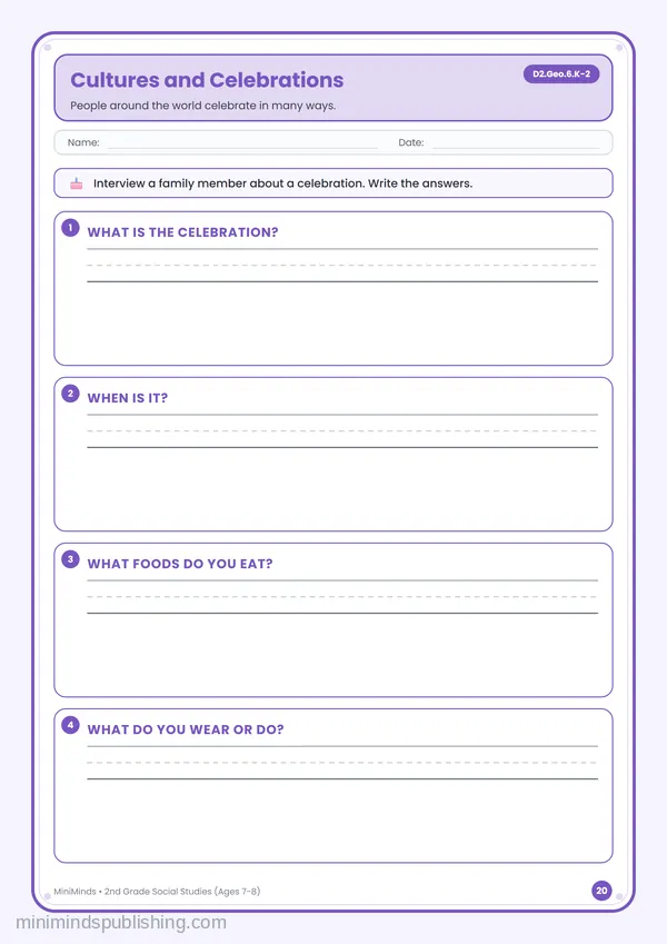 Cultures and Celebrations — free printable 2nd Grade worksheet