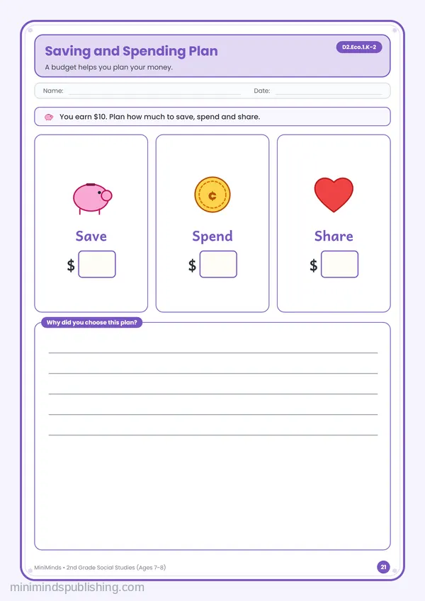 Saving and Spending Plan — free printable 2nd Grade worksheet