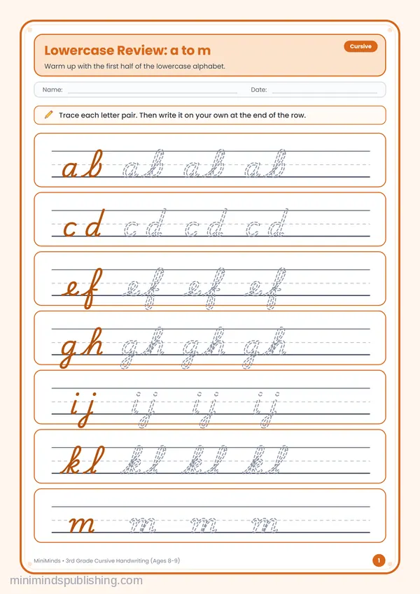 Lowercase Review: a to m — free printable 3rd Grade worksheet