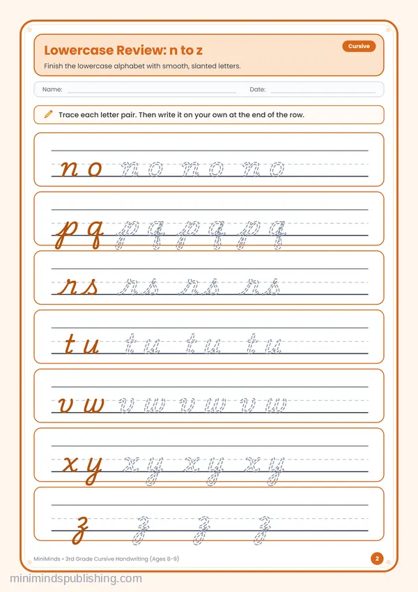 Lowercase Review: n to z — free printable 3rd Grade worksheet