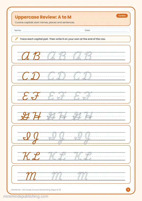 Uppercase Review: A to M — free printable 3rd Grade worksheet