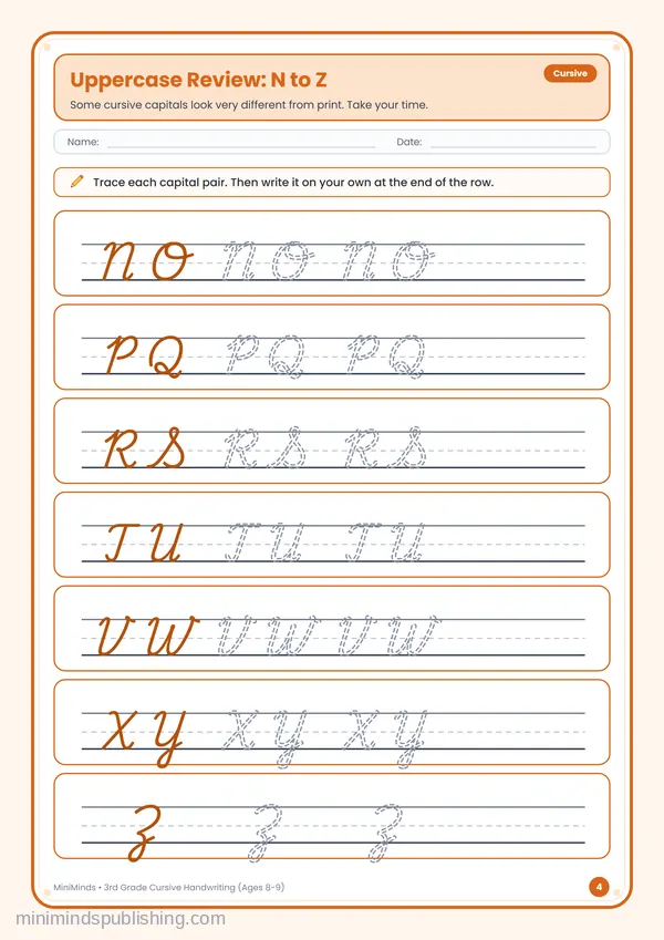 Uppercase Review: N to Z — free printable 3rd Grade worksheet