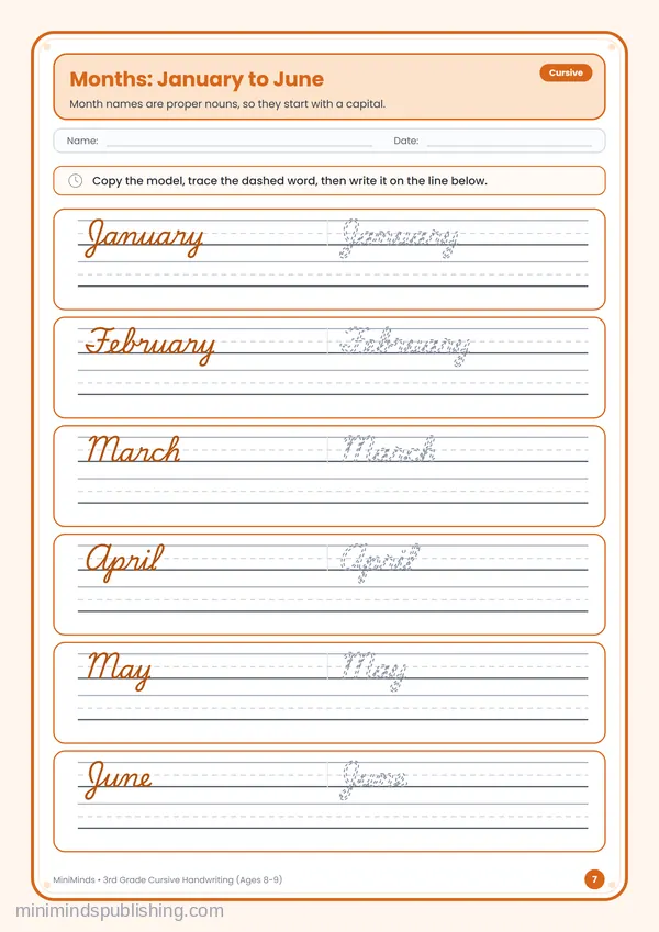 Months: January to June — free printable 3rd Grade worksheet