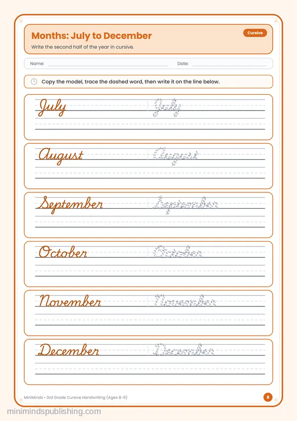 Months: July to December — free printable 3rd Grade worksheet