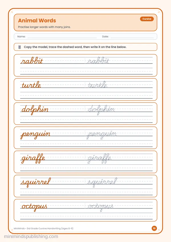 Animal Words — free printable 3rd Grade worksheet
