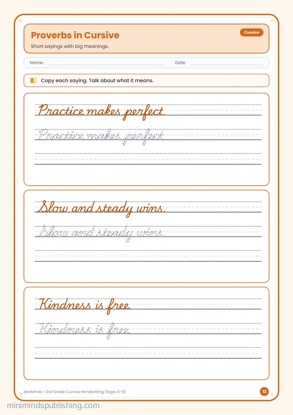 Proverbs in Cursive — free printable 3rd Grade worksheet