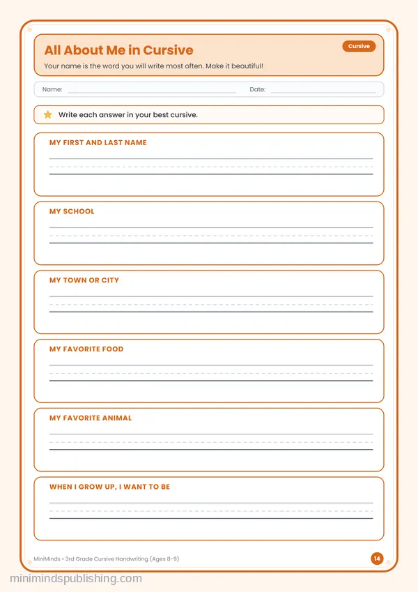 All About Me in Cursive — free printable 3rd Grade worksheet
