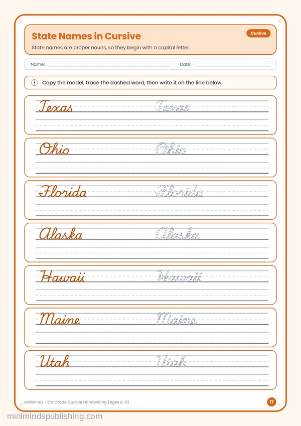 State Names in Cursive — free printable 3rd Grade worksheet
