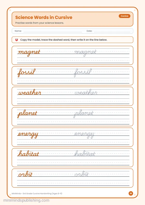 Science Words in Cursive — free printable 3rd Grade worksheet