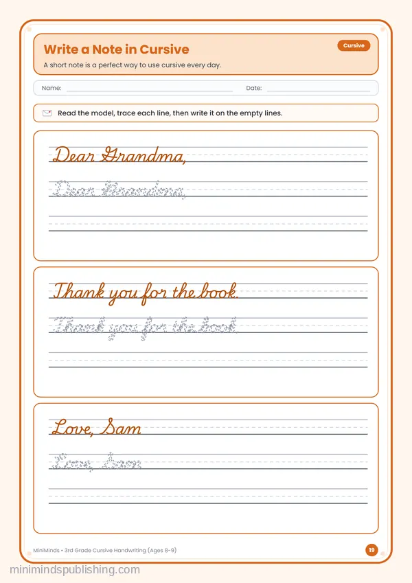Write a Note in Cursive — free printable 3rd Grade worksheet