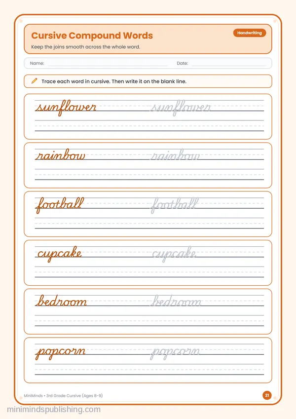 Cursive Compound Words — free printable 3rd Grade worksheet