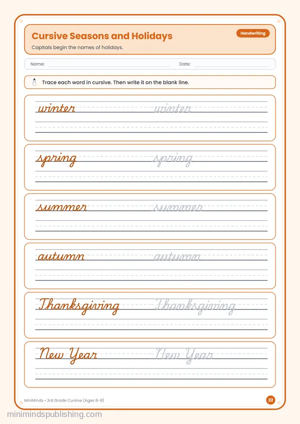 Cursive Seasons and Holidays — free printable 3rd Grade worksheet