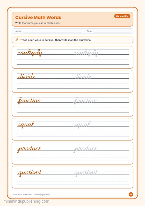 Cursive Math Words — free printable 3rd Grade worksheet