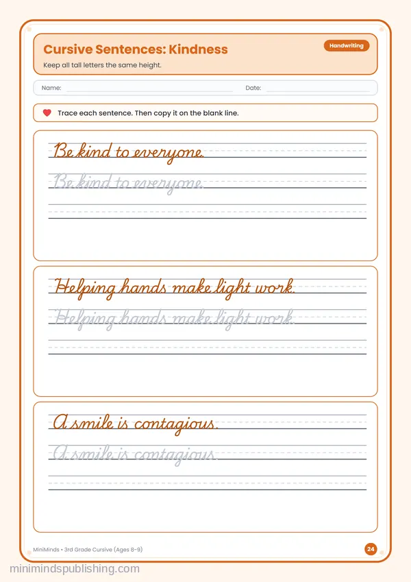 Cursive Sentences: Kindness — free printable 3rd Grade worksheet