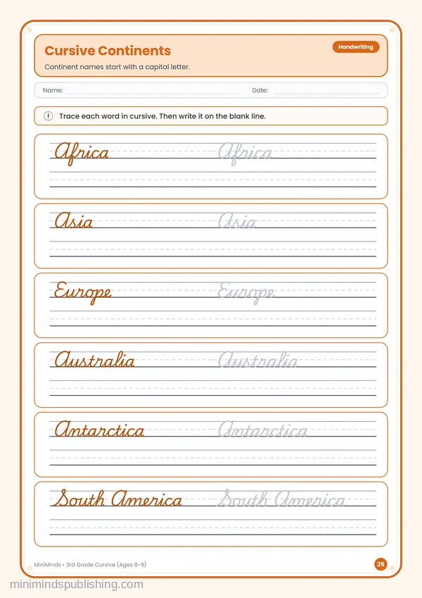 Cursive Continents — free printable 3rd Grade worksheet