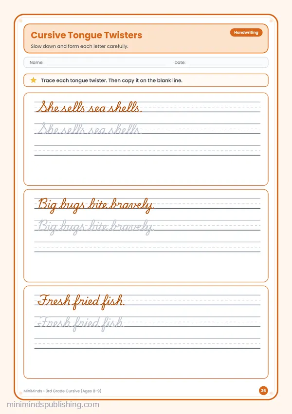 Cursive Tongue Twisters — free printable 3rd Grade worksheet