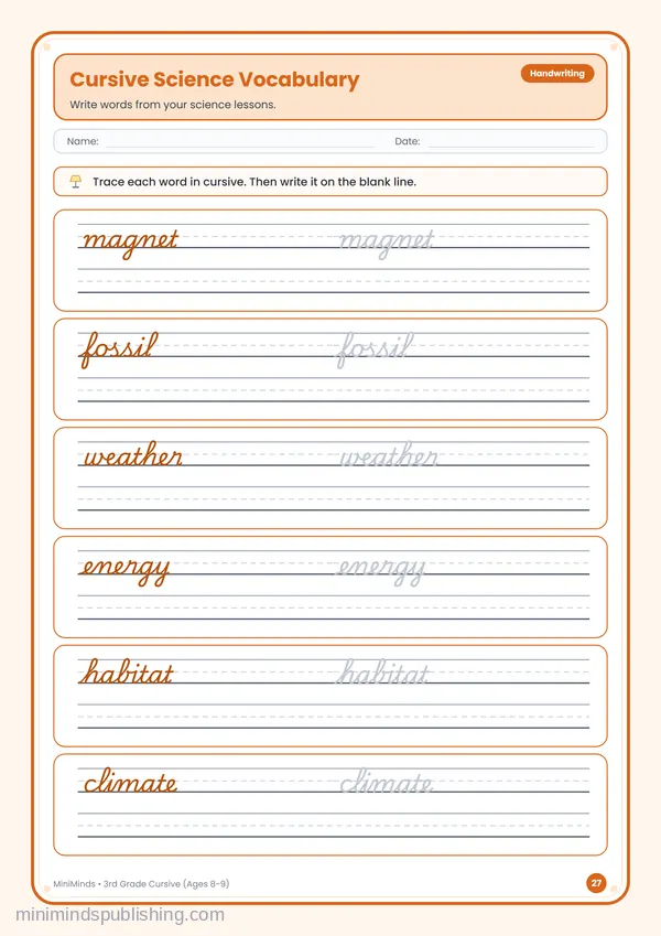 Cursive Science Vocabulary — free printable 3rd Grade worksheet
