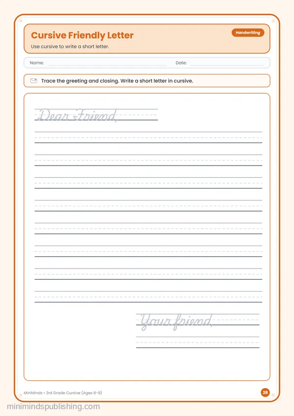Cursive Friendly Letter — free printable 3rd Grade worksheet
