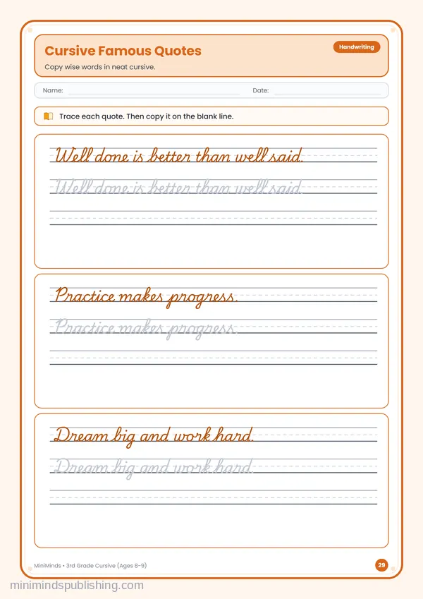 Cursive Famous Quotes — free printable 3rd Grade worksheet