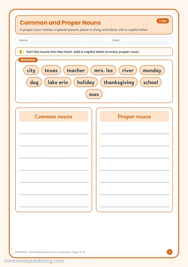 Common and Proper Nouns — free printable 3rd Grade worksheet