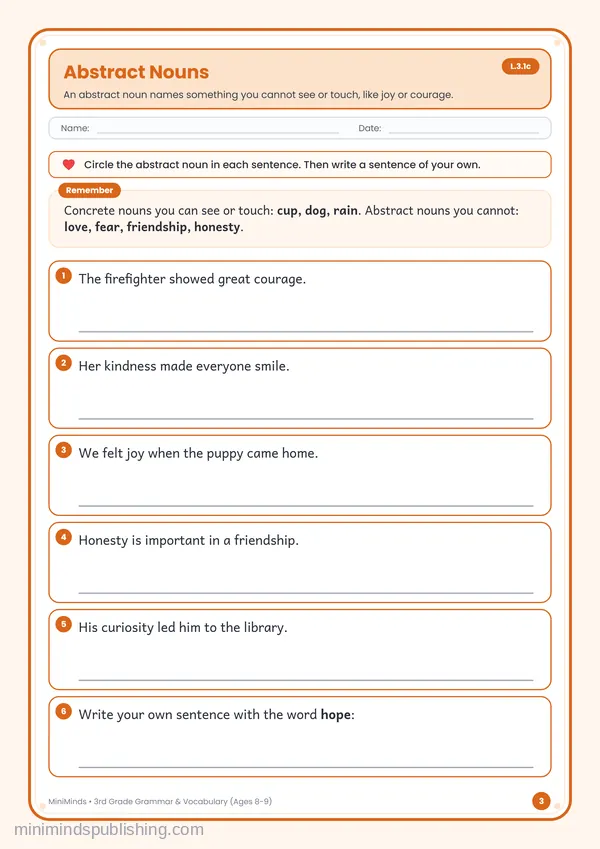 Abstract Nouns — free printable 3rd Grade worksheet