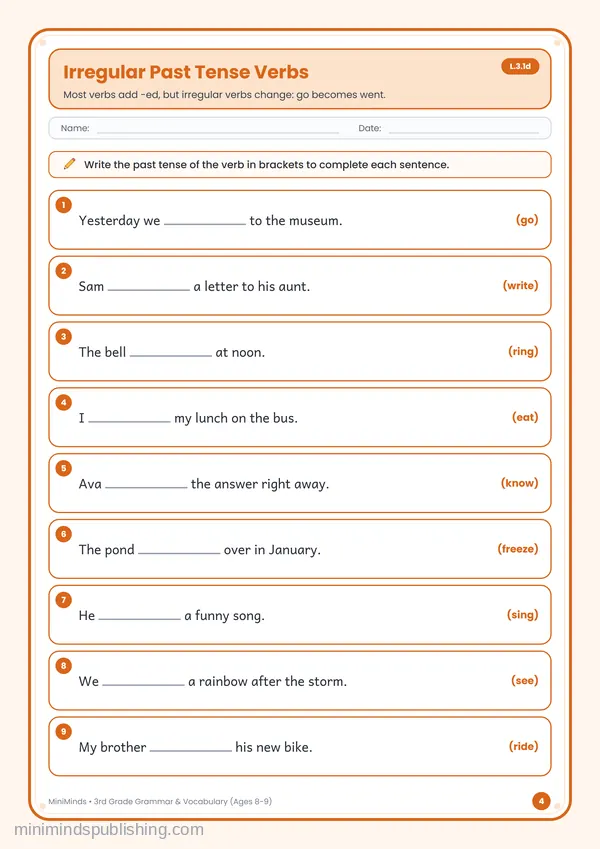 Irregular Past Tense Verbs — free printable 3rd Grade worksheet