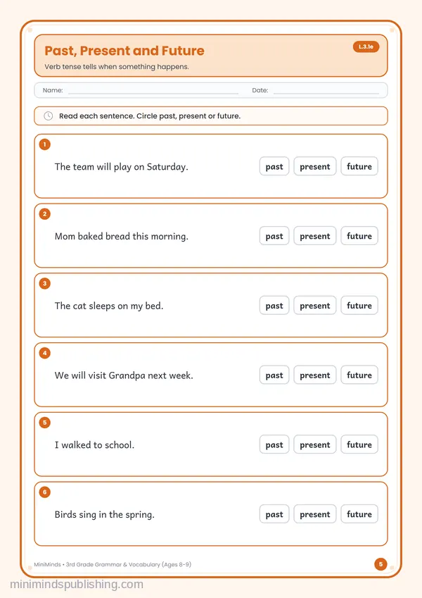 Past, Present and Future — free printable 3rd Grade worksheet