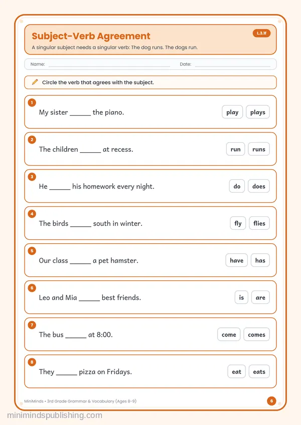 Subject-Verb Agreement — free printable 3rd Grade worksheet