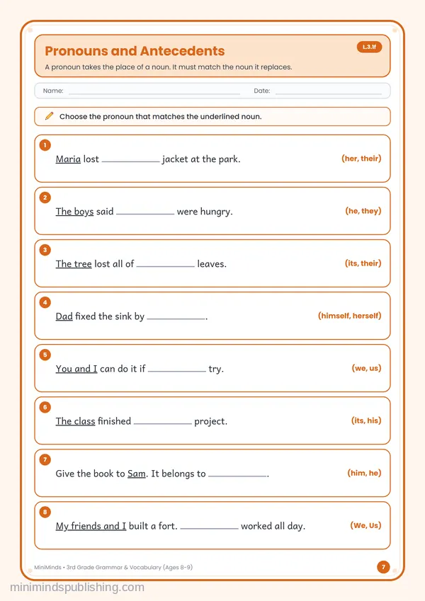 Pronouns and Antecedents — free printable 3rd Grade worksheet