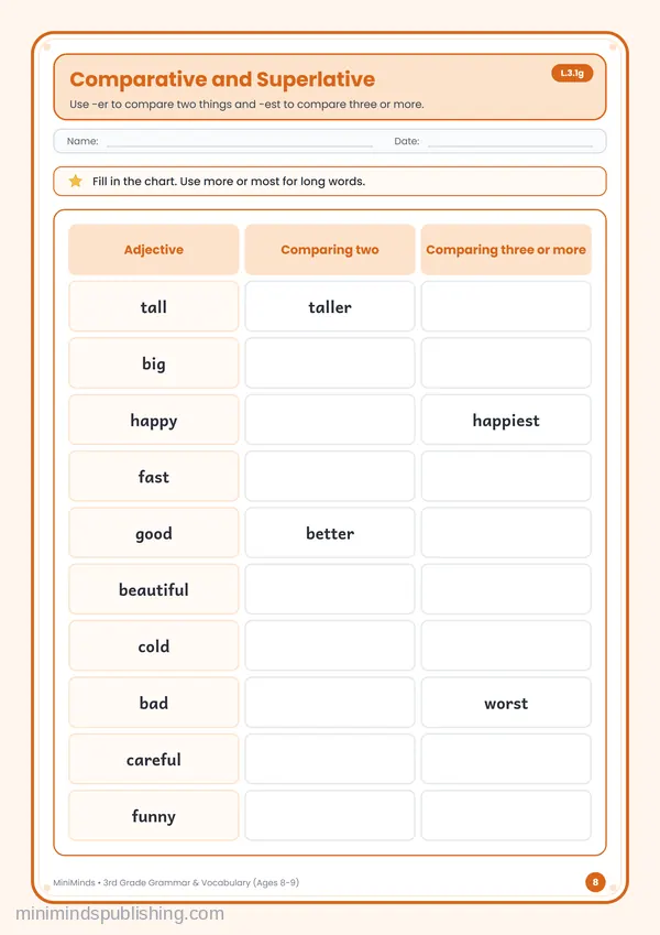 Comparative and Superlative — free printable 3rd Grade worksheet