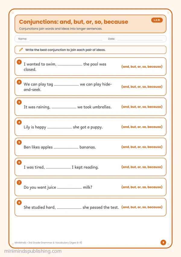 Conjunctions: and, but, or, so, because — free printable 3rd Grade worksheet